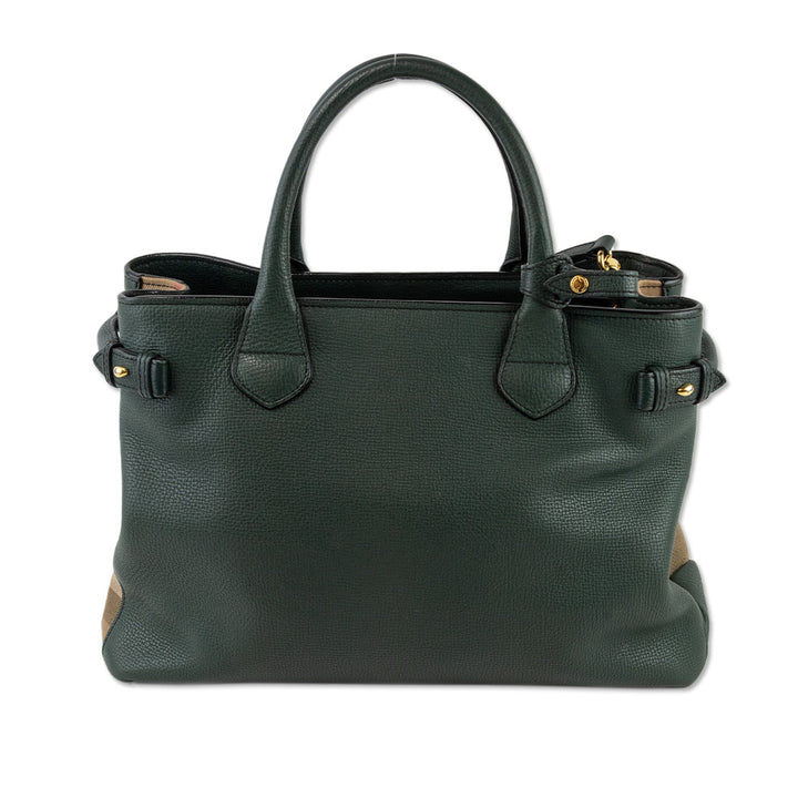 Burberry Green Leather Tote with Plaid Canvas Sides