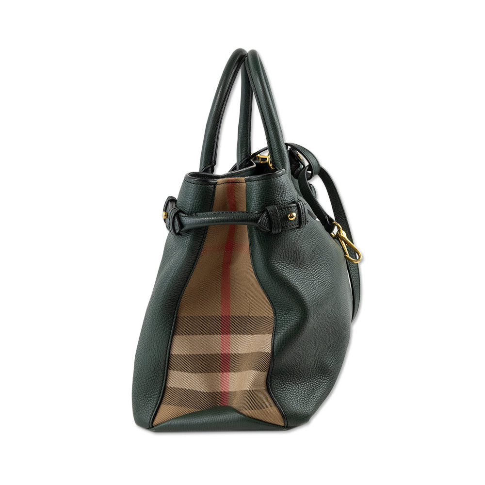 Burberry Green Leather Tote with Plaid Canvas Sides