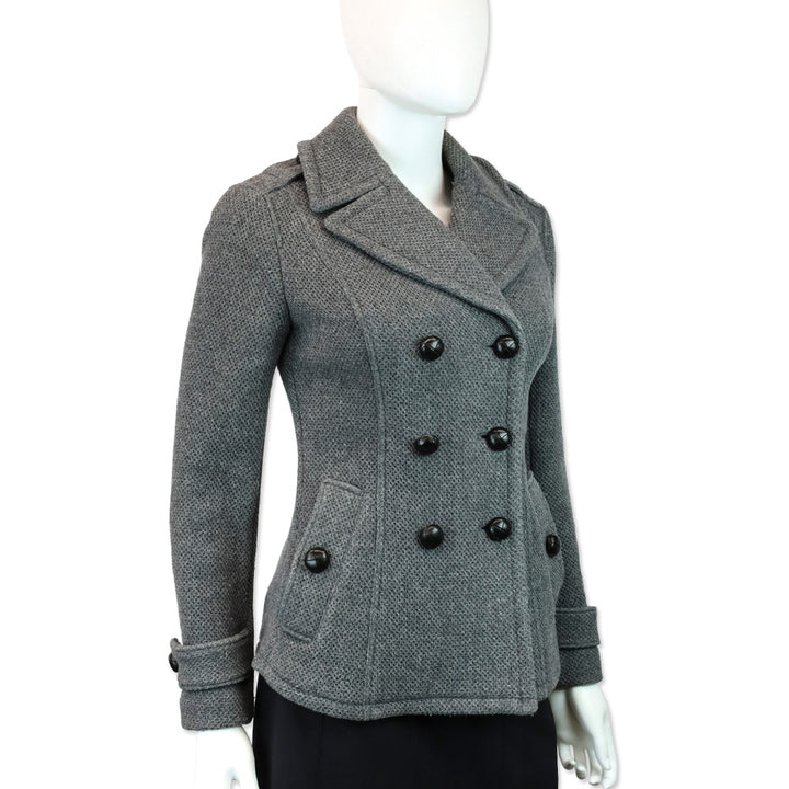 Burberry Grey Wool Mesh Knit Double-Breasted Peacoat