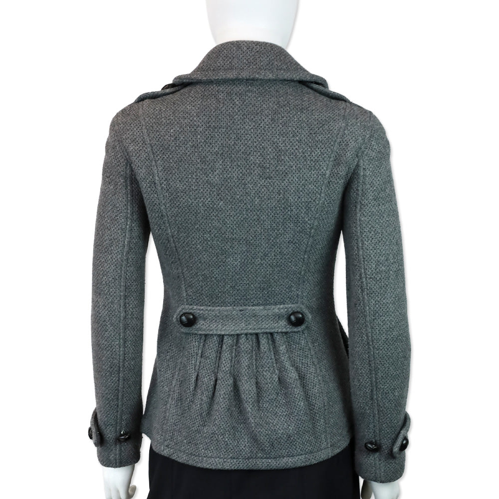 Burberry Grey Wool Mesh Knit Double-Breasted Peacoat