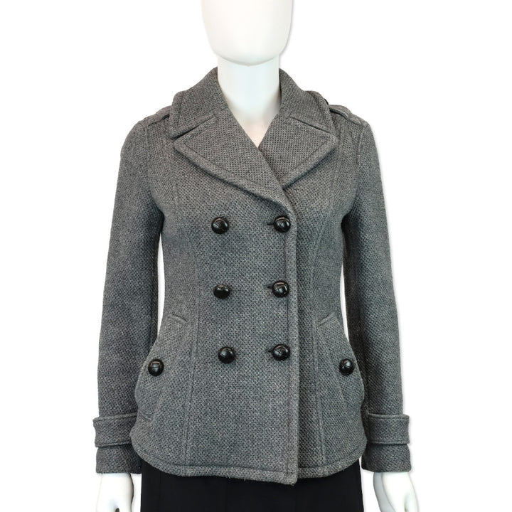 Burberry Grey Wool Mesh Knit Double-Breasted Peacoat