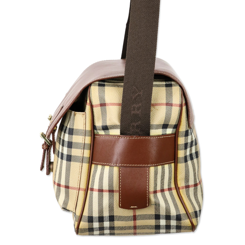 Burberry Haymarket Check Coated Canvas/Brown Leather Messenger Bag