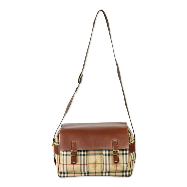 Burberry Haymarket Check Coated Canvas/Brown Leather Messenger Bag