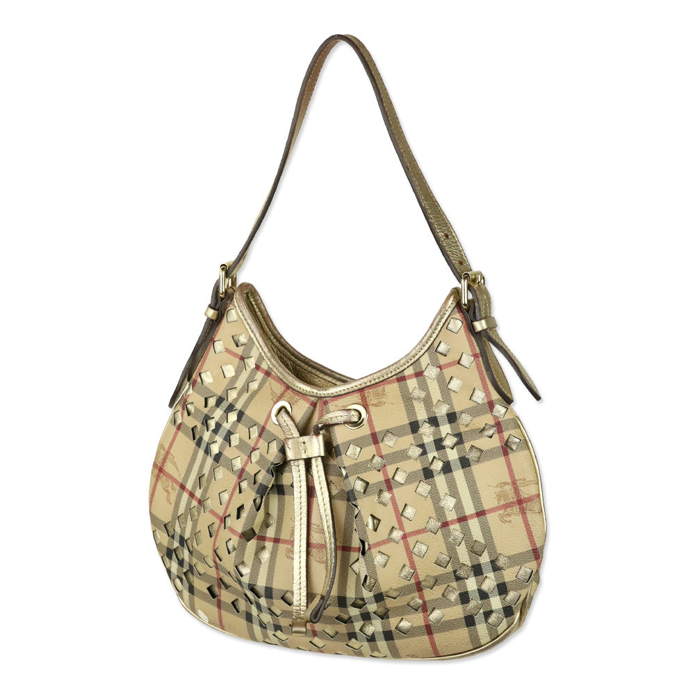 Burberry Haymarket Perforated Coated Canvas Gold Trim Claudia Hobo Bag