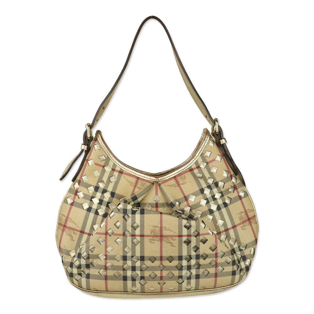 Burberry Haymarket Perforated Coated Canvas Gold Trim Claudia Hobo Bag