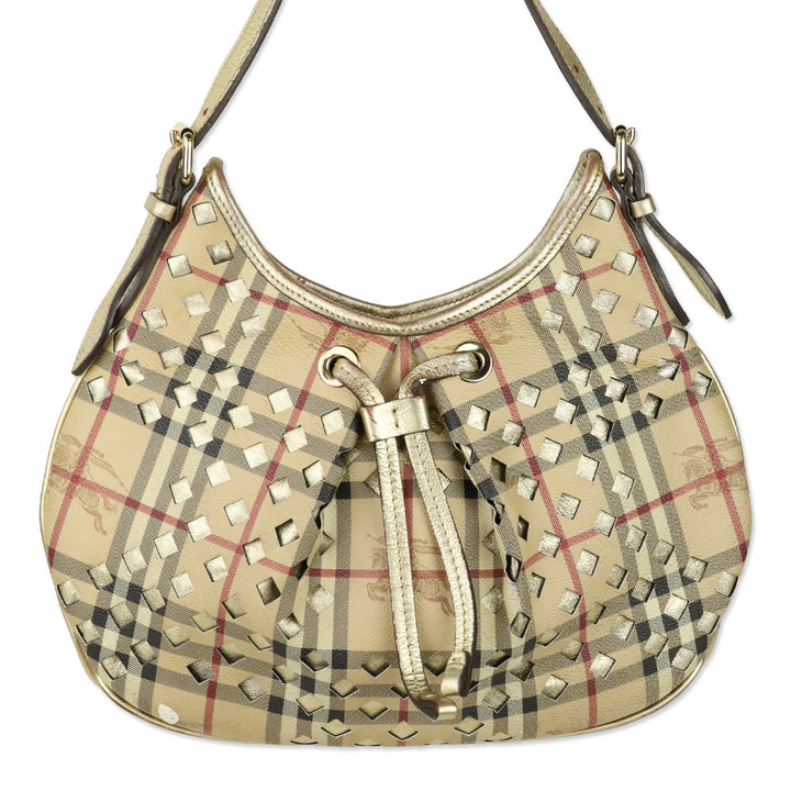 Burberry Haymarket Perforated Coated Canvas Gold Trim Claudia Hobo Bag