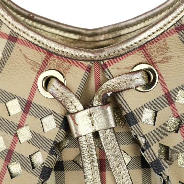 Burberry Haymarket Perforated Coated Canvas Gold Trim Claudia Hobo Bag