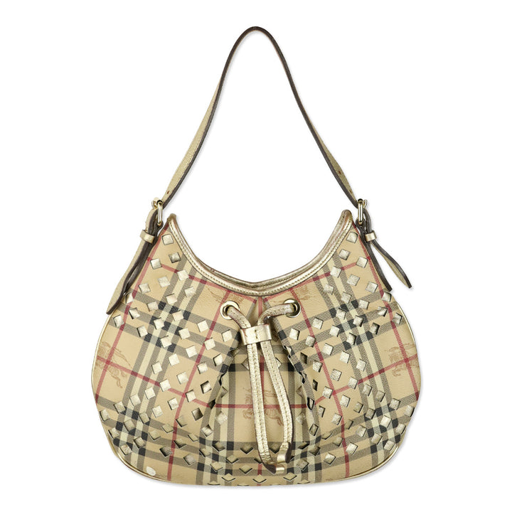 Burberry Haymarket Perforated Coated Canvas Gold Trim Claudia Hobo Bag