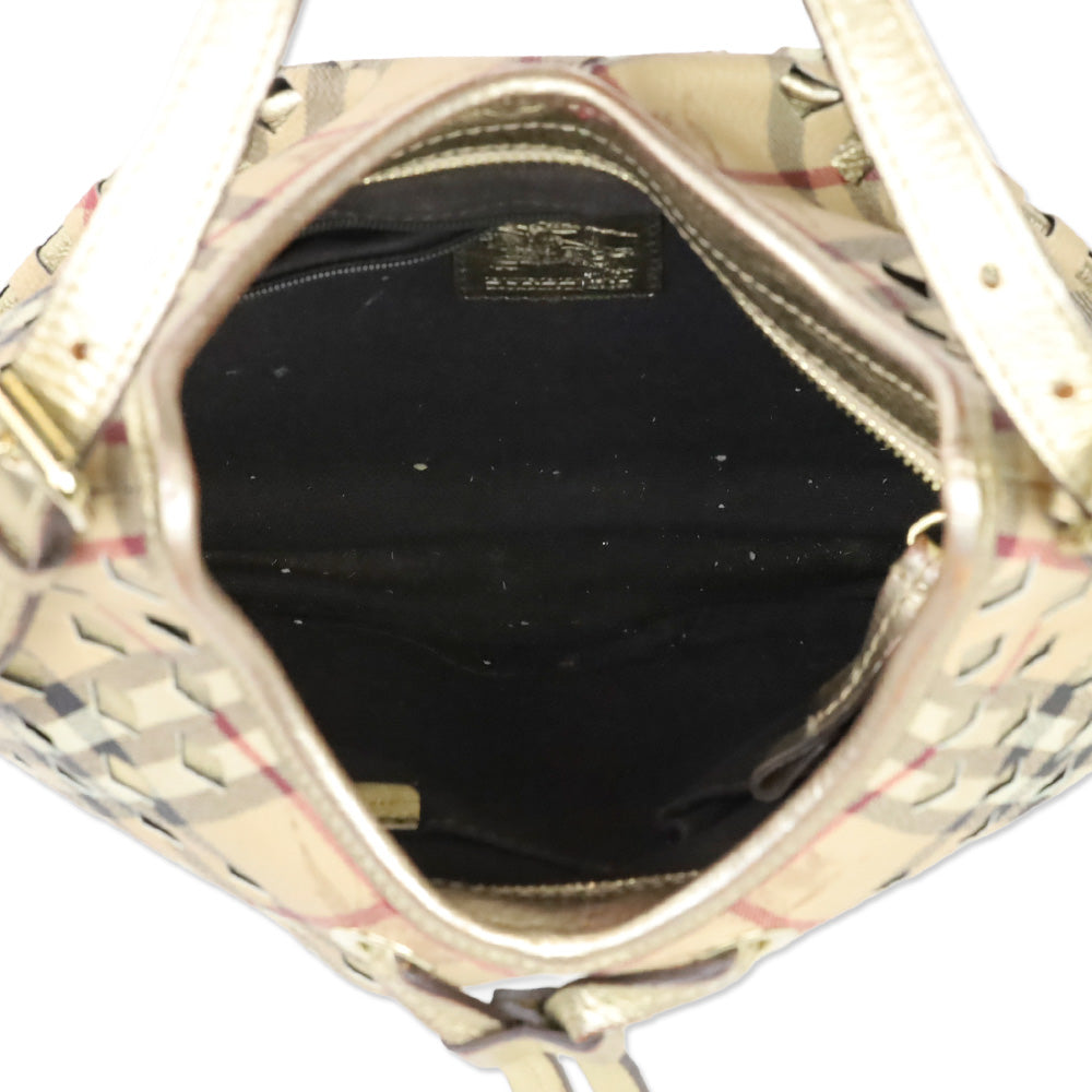 Burberry Haymarket Perforated Coated Canvas Gold Trim Claudia Hobo Bag