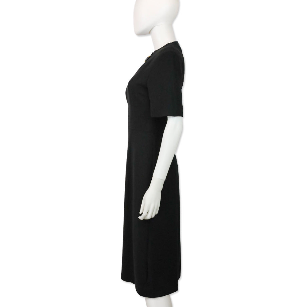 Burberry Kaly D-Ring Detail Black Silk Wool Short Sleeve Midi Dress