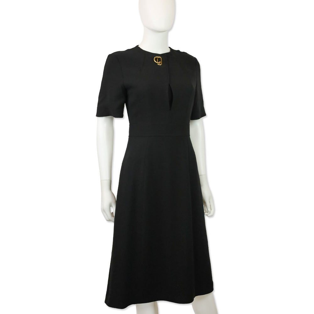 Burberry Kaly D-Ring Detail Black Silk Wool Short Sleeve Midi Dress