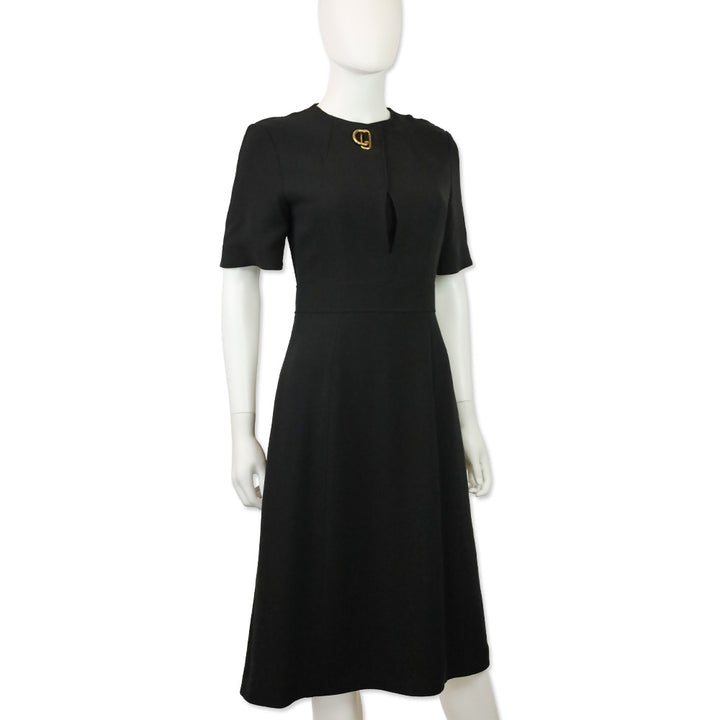 Burberry Kaly D-Ring Detail Black Silk Wool Short Sleeve Midi Dress