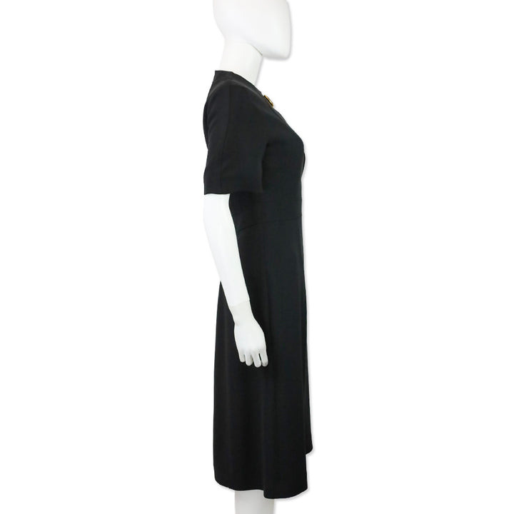 Burberry Kaly D-Ring Detail Black Silk Wool Short Sleeve Midi Dress