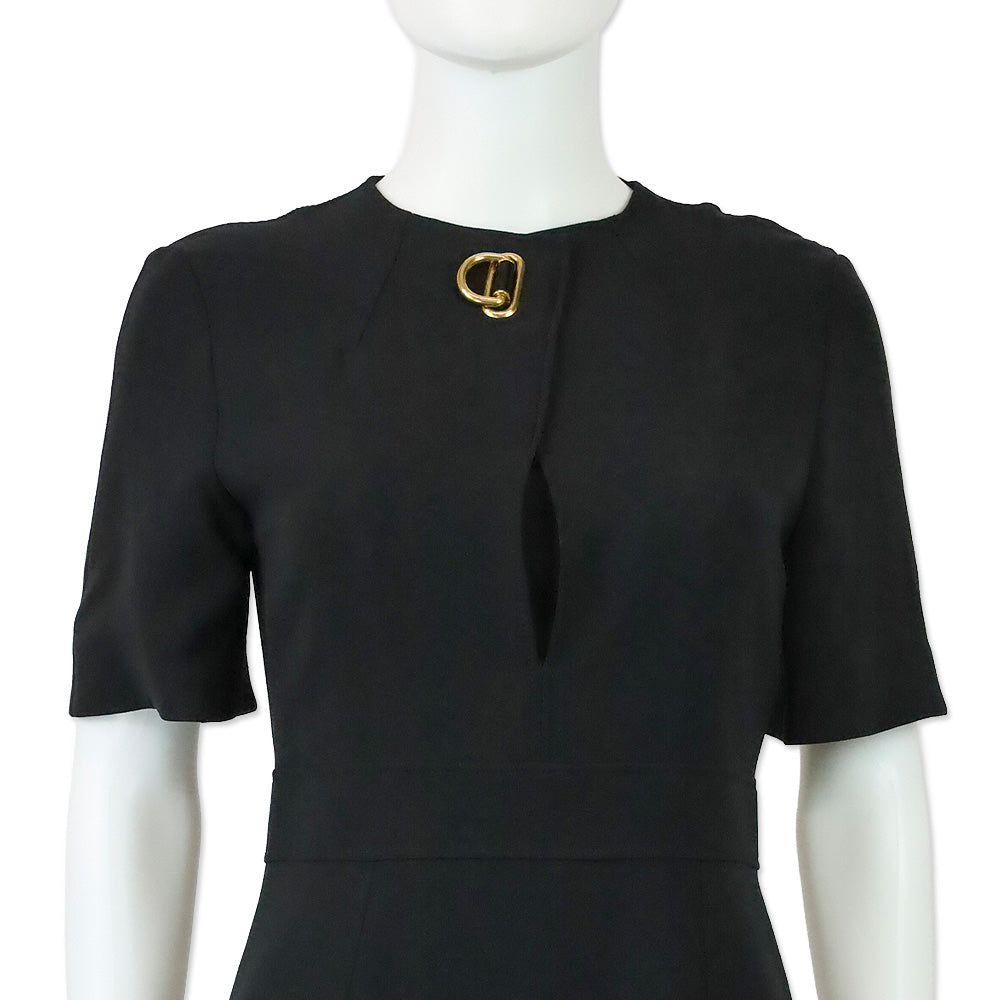 Burberry Kaly D-Ring Detail Black Silk Wool Short Sleeve Midi Dress