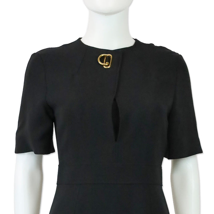 Burberry Kaly D-Ring Detail Black Silk Wool Short Sleeve Midi Dress