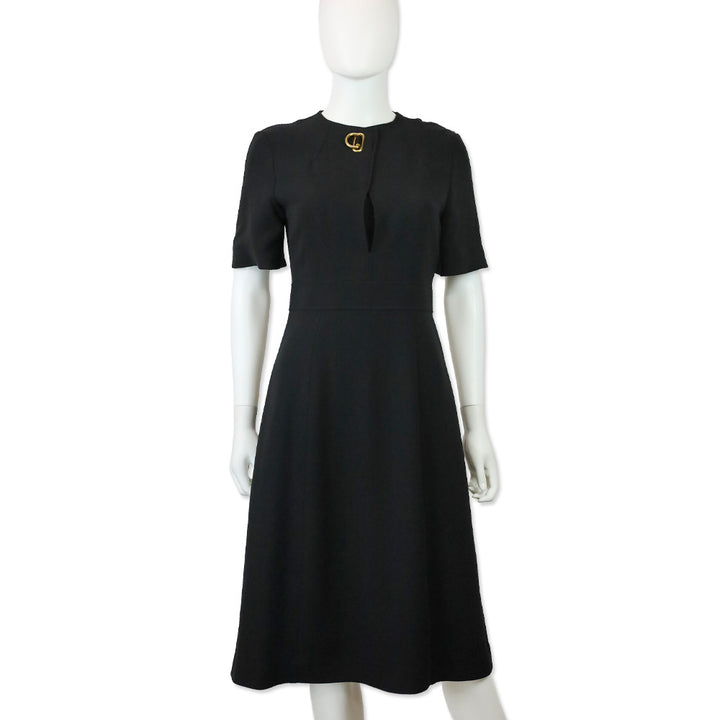 Burberry Kaly D-Ring Detail Black Silk Wool Short Sleeve Midi Dress