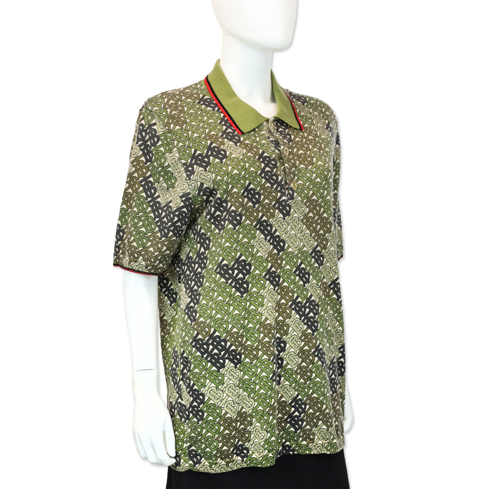 Burberry Khaki Thorney Monogram Print Tipped Merino Wool Short Sleeve Polo