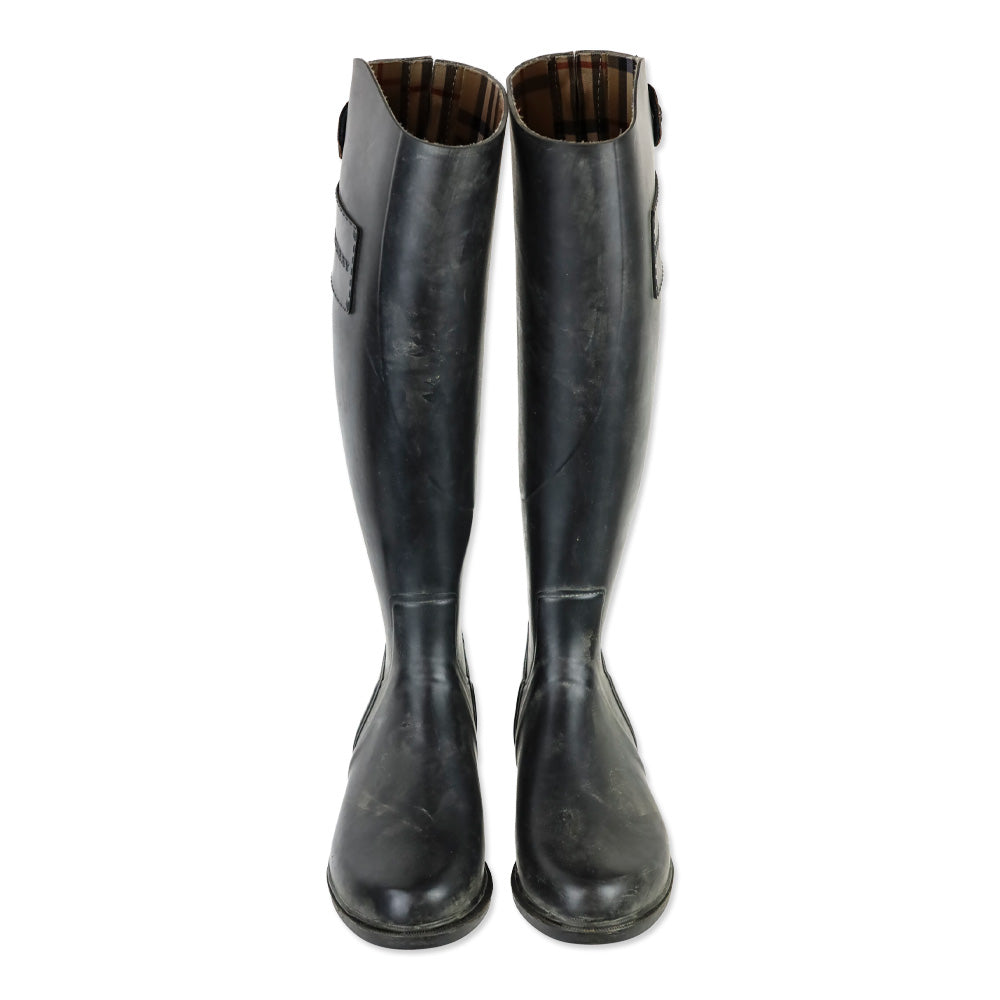 Burberry London Black Rubber Zipper Knee-High Rainboots