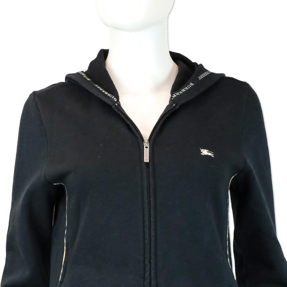 Burberry London Black Zip-Up Sweater with House Check Piping Accent
