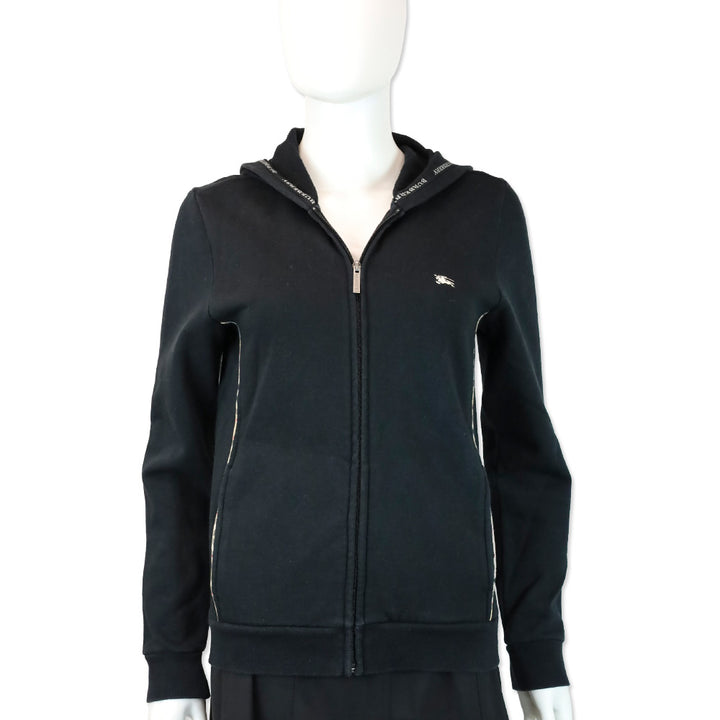 Burberry London Black Zip-Up Sweater with House Check Piping Accent