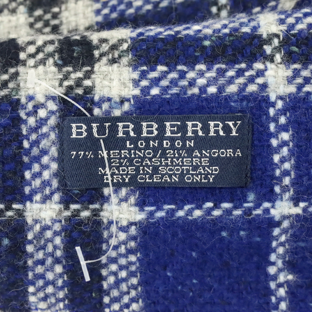 Burberry London Blue Tartan Wool Knit Fringe Scarf