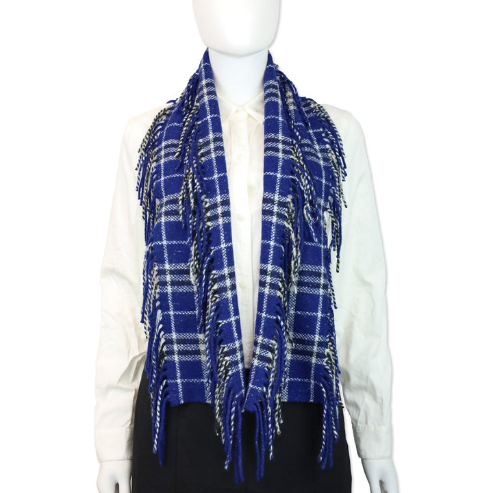 Burberry London Blue Tartan Wool Knit Fringe Scarf