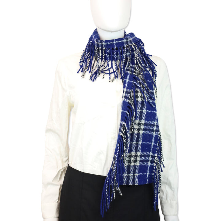 Burberry London Blue Tartan Wool Knit Fringe Scarf