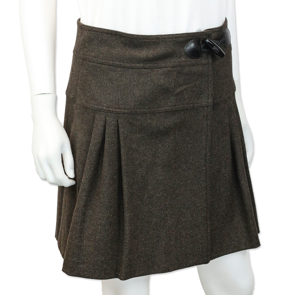 Burberry London Brown Wool Utility Toggle Pleated Midi Skirt