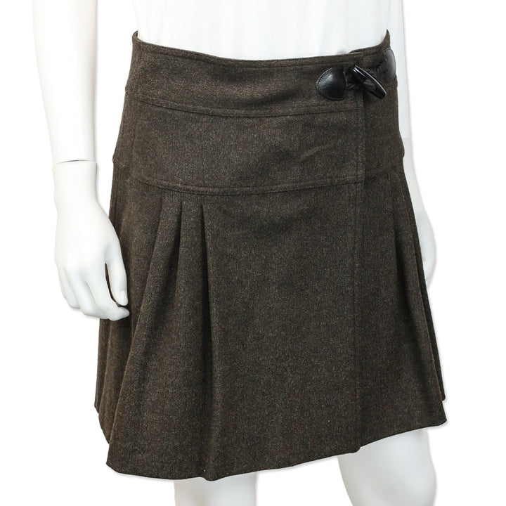 Burberry London Brown Wool Utility Toggle Pleated Midi Skirt