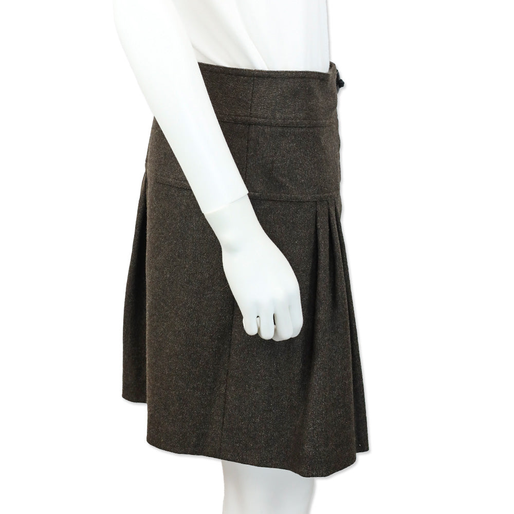 Burberry London Brown Wool Utility Toggle Pleated Midi Skirt