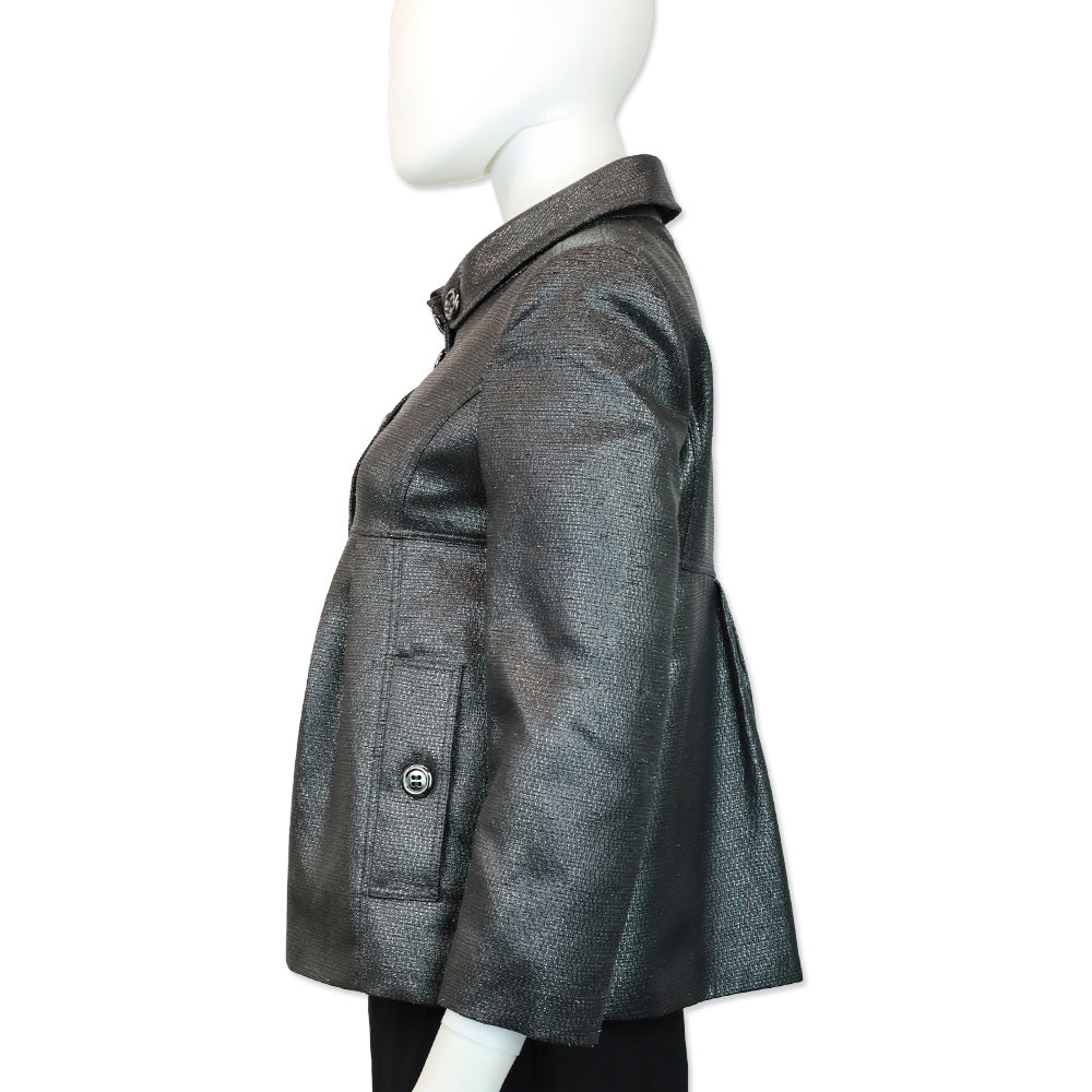 Burberry London Metallic Gunmetal Button Down Peplum Jacket