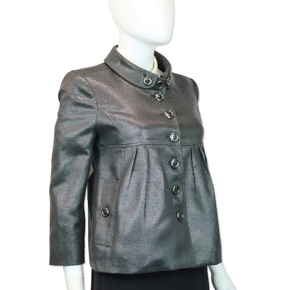 Burberry London Metallic Gunmetal Button Down Peplum Jacket