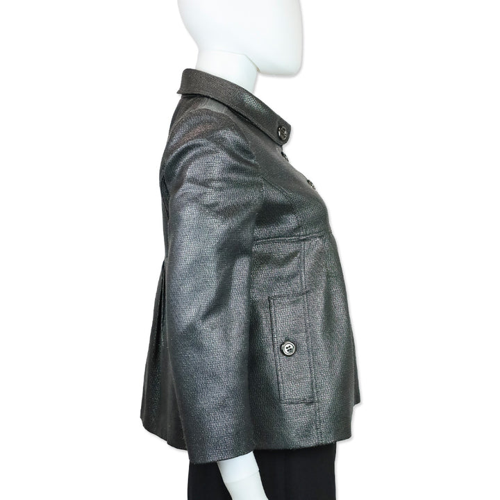 Burberry London Metallic Gunmetal Button Down Peplum Jacket