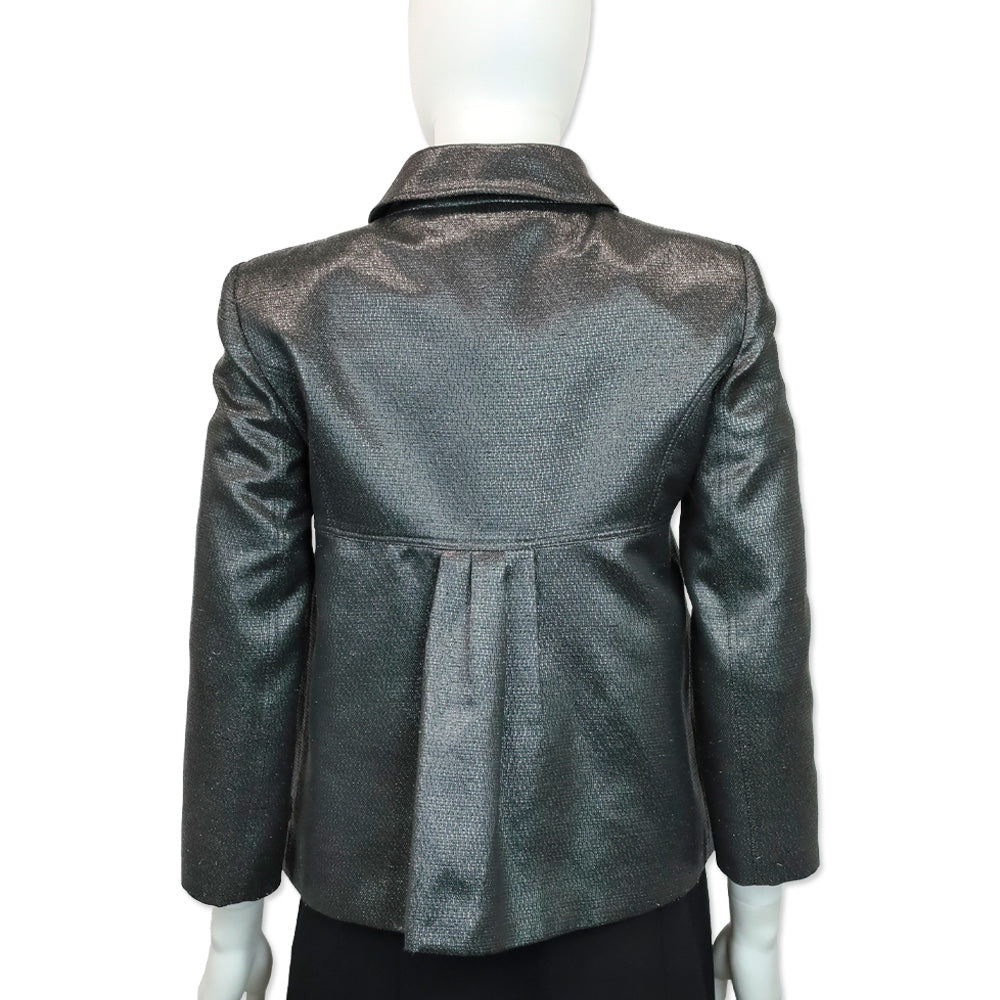 Burberry London Metallic Gunmetal Button Down Peplum Jacket