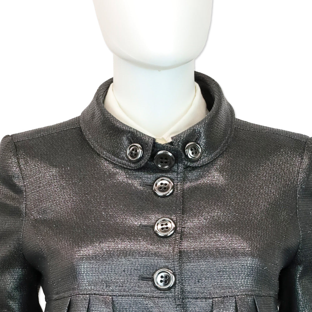 Burberry London Metallic Gunmetal Button Down Peplum Jacket