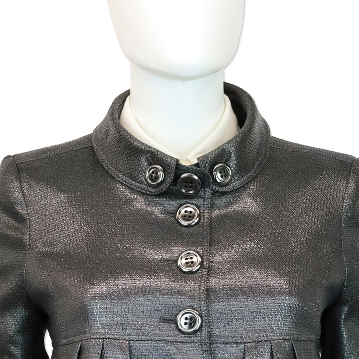 Burberry London Metallic Gunmetal Button Down Peplum Jacket