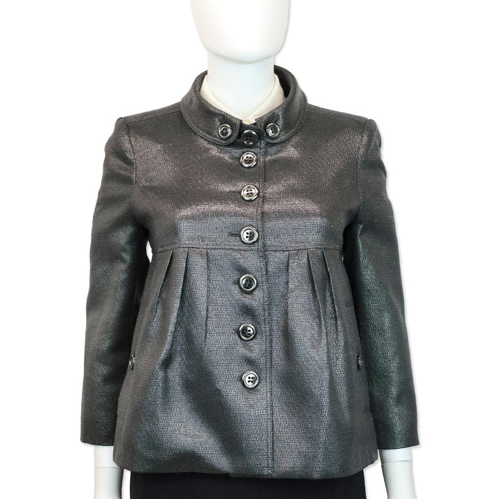 Burberry London Metallic Gunmetal Button Down Peplum Jacket