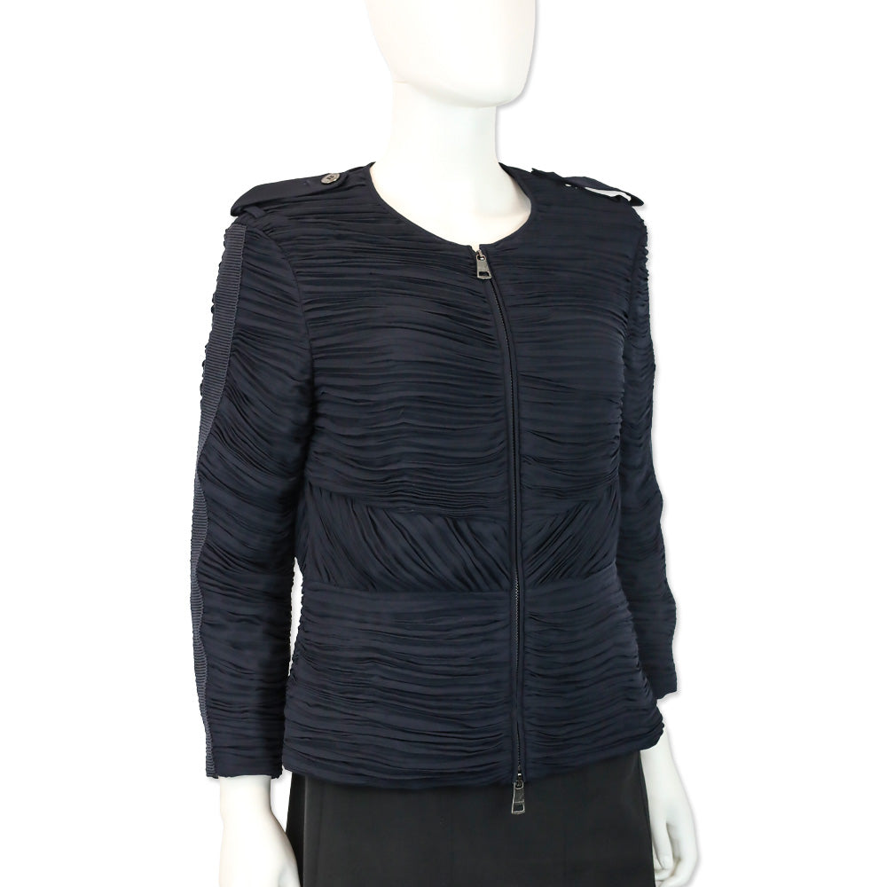 Burberry London Navy Chiffon Ruffle Zip Jacket