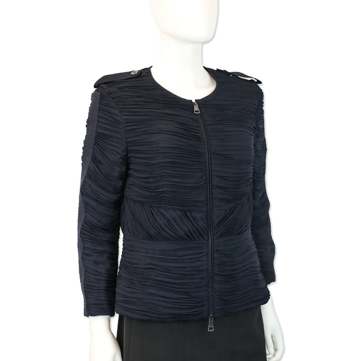 Burberry London Navy Chiffon Ruffle Zip Jacket