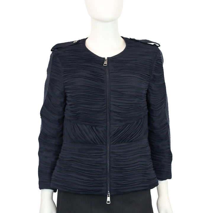 Burberry London Navy Chiffon Ruffle Zip Jacket