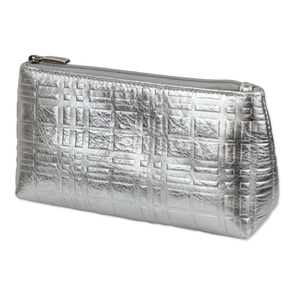 Burberry Metallic Silver Plaid Embossed Leather Cosmetic Pouch