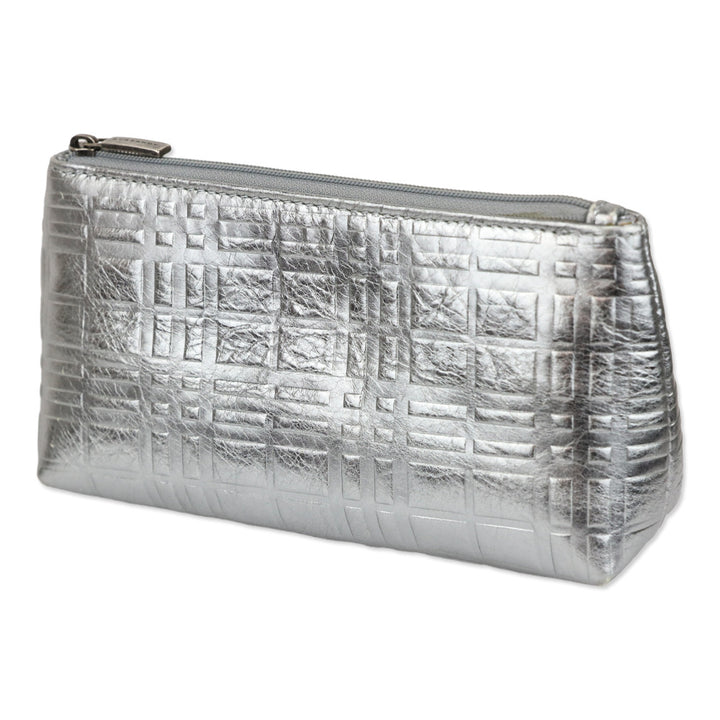 Burberry Metallic Silver Plaid Embossed Leather Cosmetic Pouch
