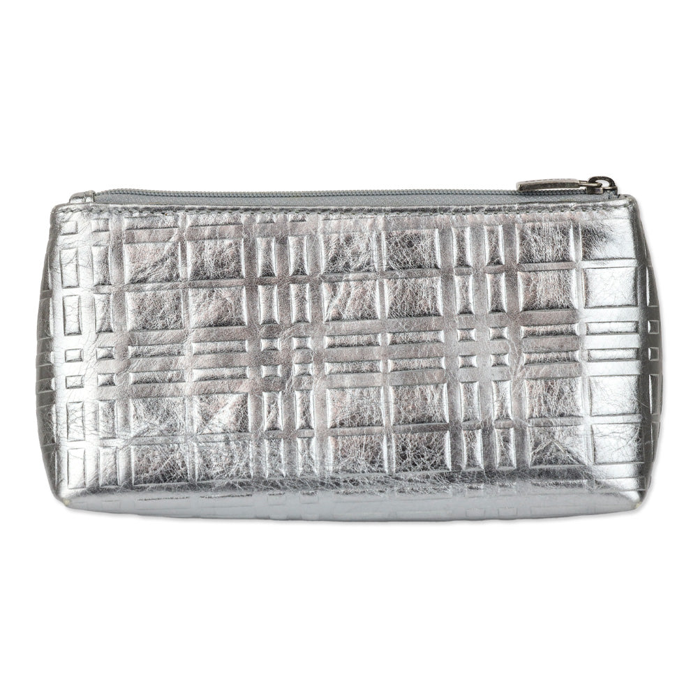Burberry Metallic Silver Plaid Embossed Leather Cosmetic Pouch