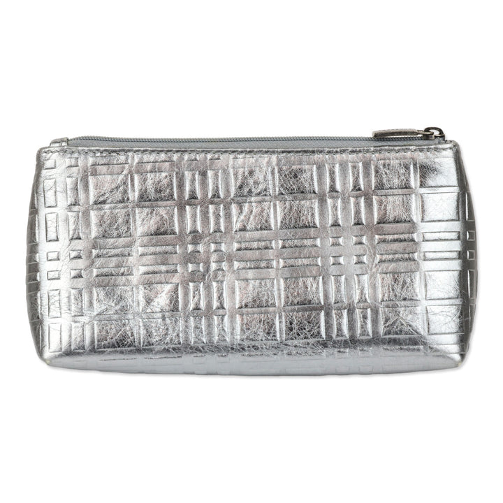 Burberry Metallic Silver Plaid Embossed Leather Cosmetic Pouch