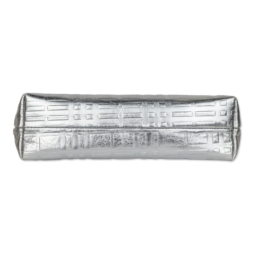 Burberry Metallic Silver Plaid Embossed Leather Cosmetic Pouch