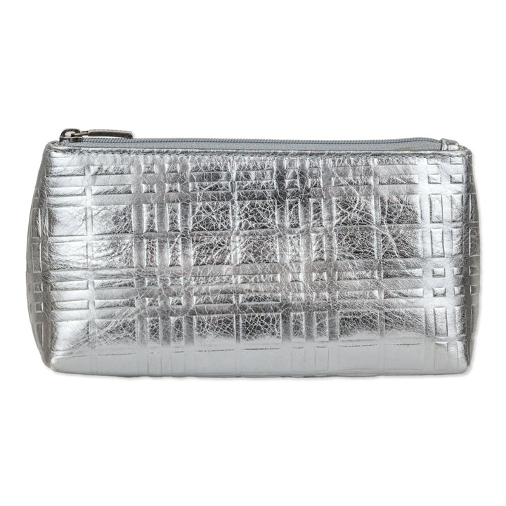 Burberry Metallic Silver Plaid Embossed Leather Cosmetic Pouch