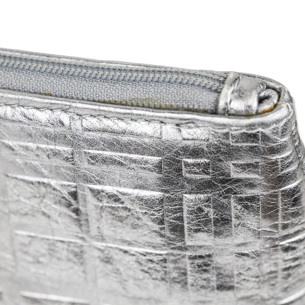 Burberry Metallic Silver Plaid Embossed Leather Cosmetic Pouch