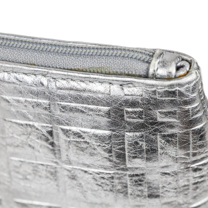 Burberry Metallic Silver Plaid Embossed Leather Cosmetic Pouch
