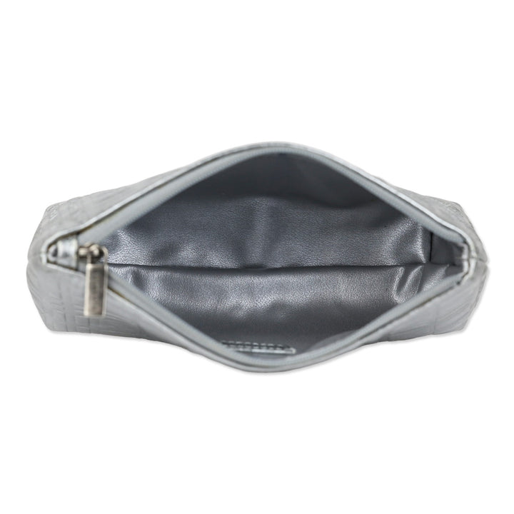 Burberry Metallic Silver Plaid Embossed Leather Cosmetic Pouch