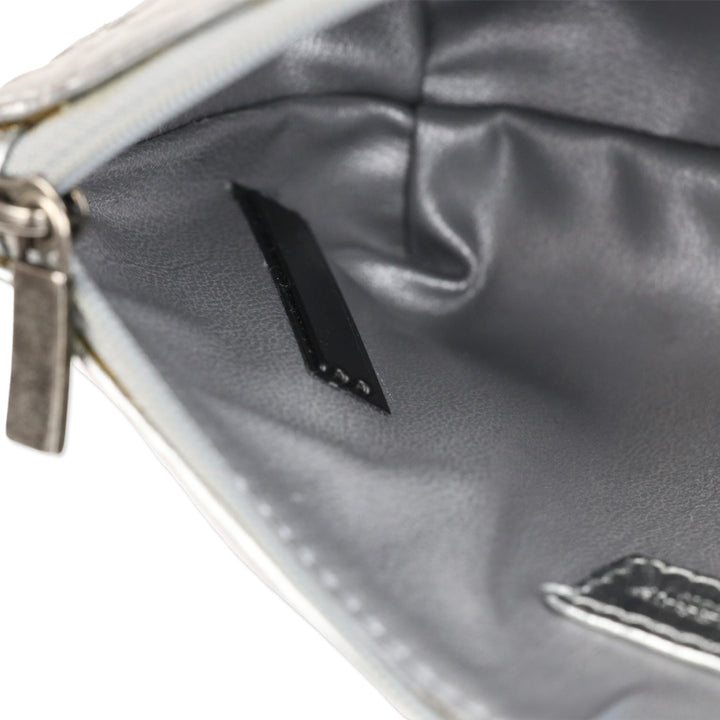 Burberry Metallic Silver Plaid Embossed Leather Cosmetic Pouch
